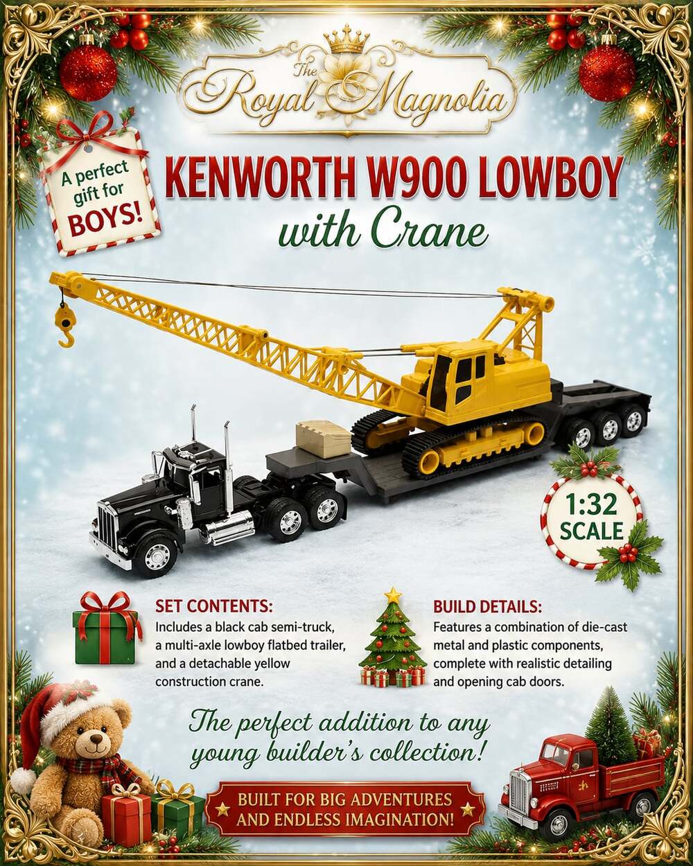 NewRay 1:32 Kenworth W900 Lowboy with Crane Long Haul Trucker Series Die-Cast Mo
